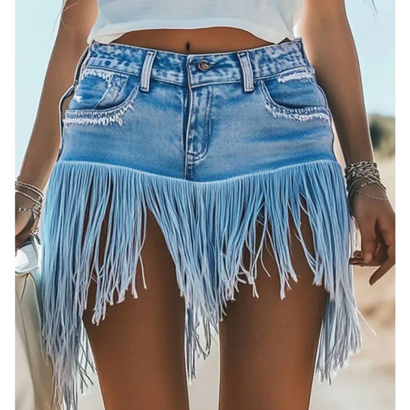 Oyrosy Pants - Fringed Light Blue Denim Jean Shorts for Women